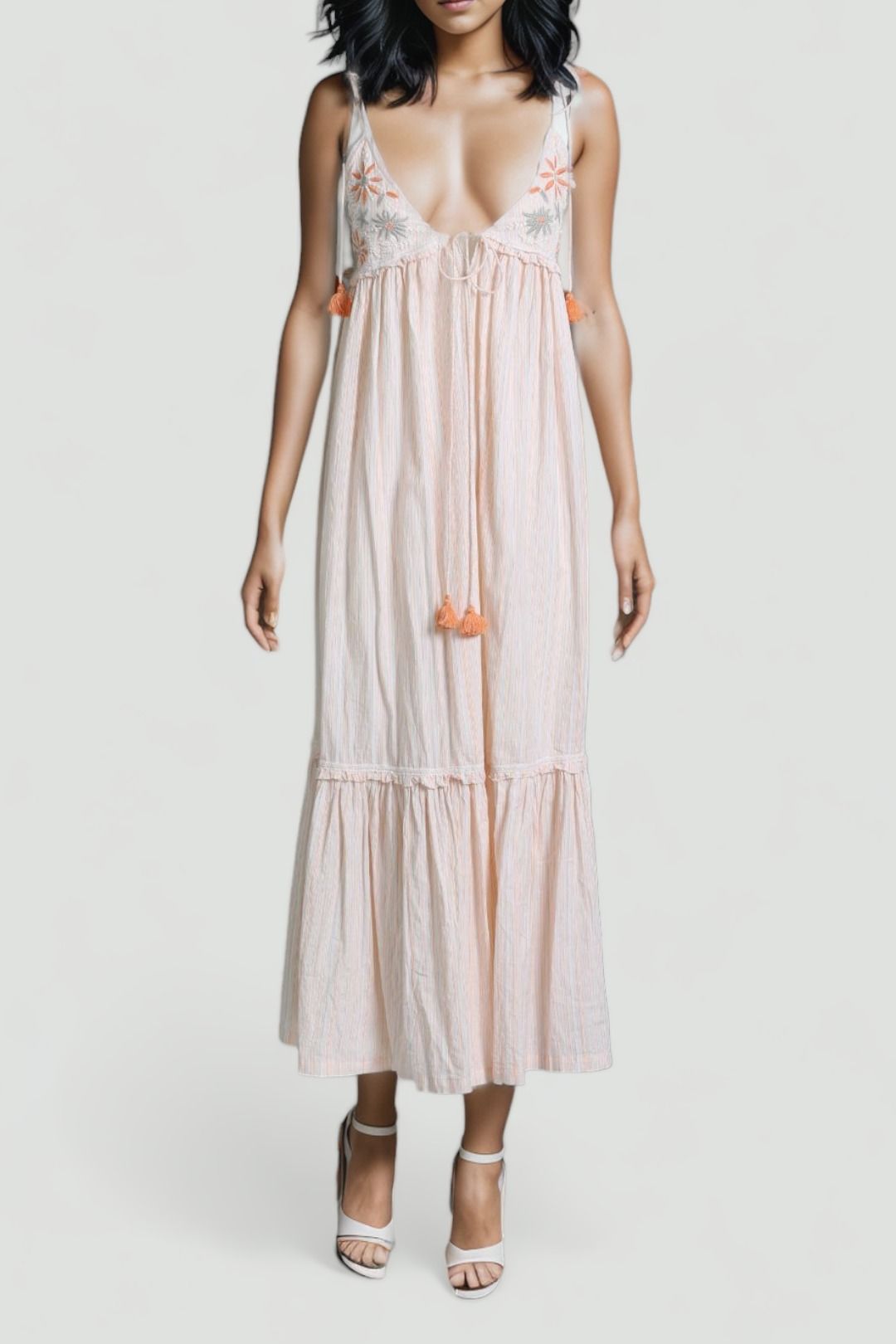 Kinga Csilla V Neck Embroidered Maxi Dress With Tassels
