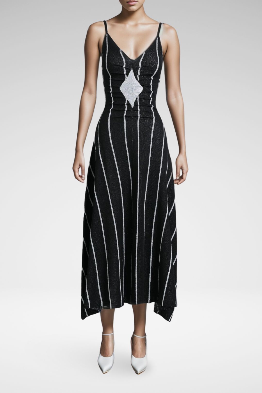 Kinga Csilla Black and Silver Ruched Stripe Maxi