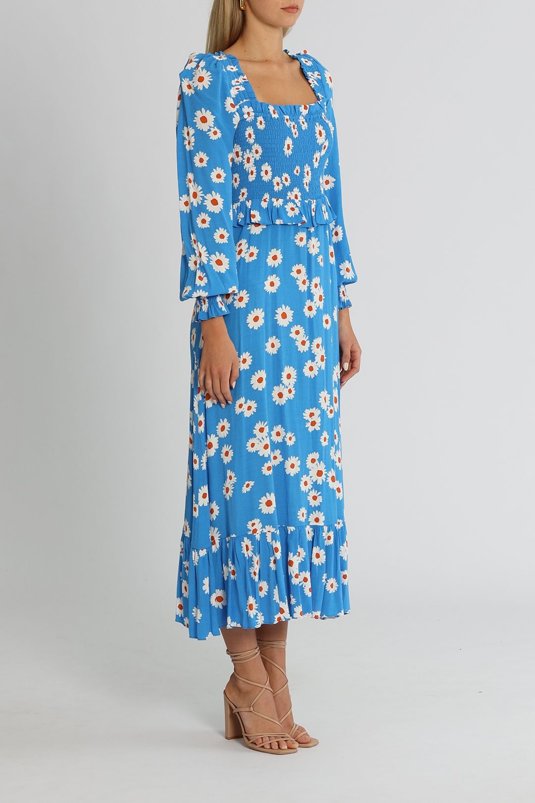 KITRI Lauren Smocked Dress Blue Daisy Balloon Sleeves