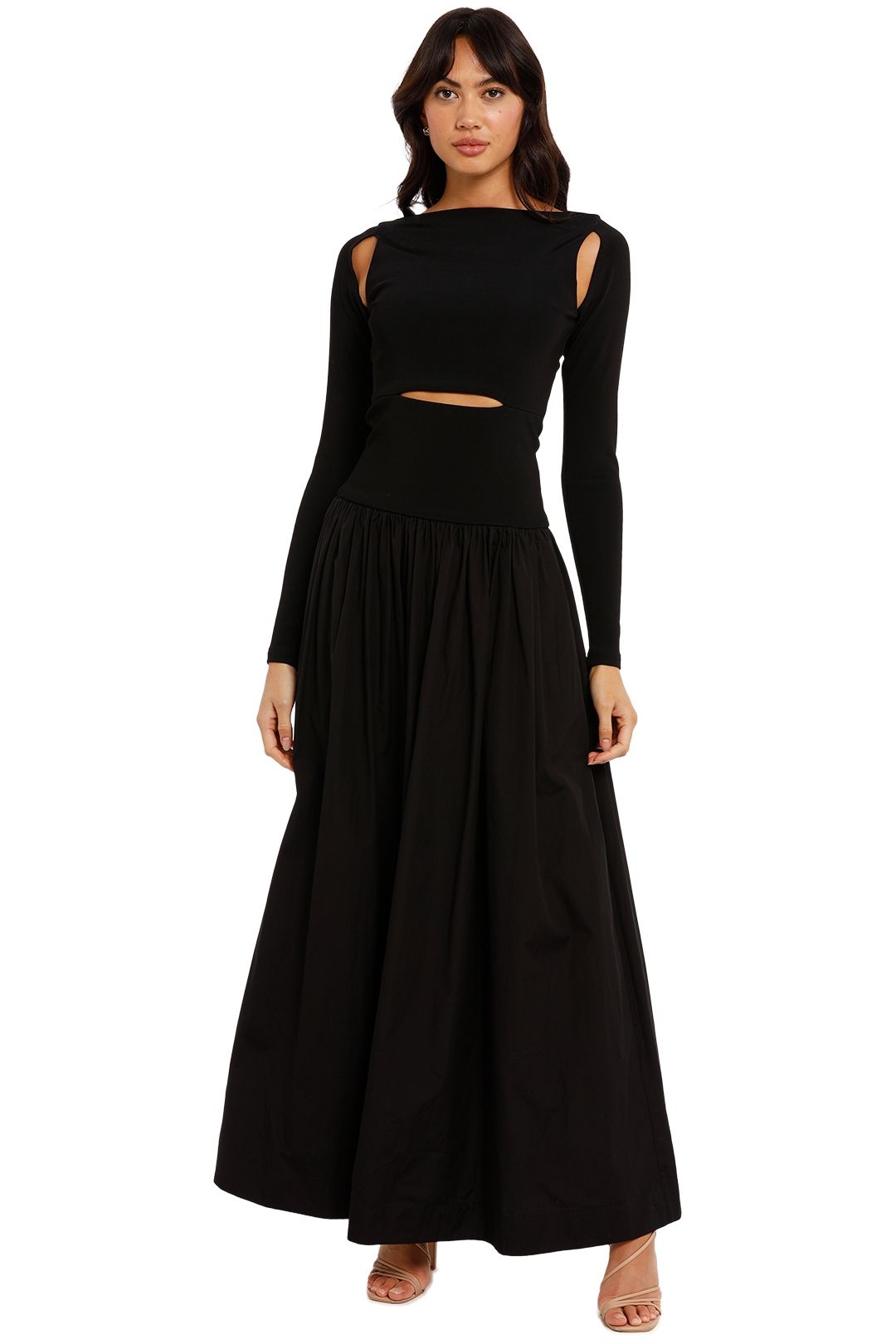 Knit Cotton Split Maxi Dress Black Long Sleeve