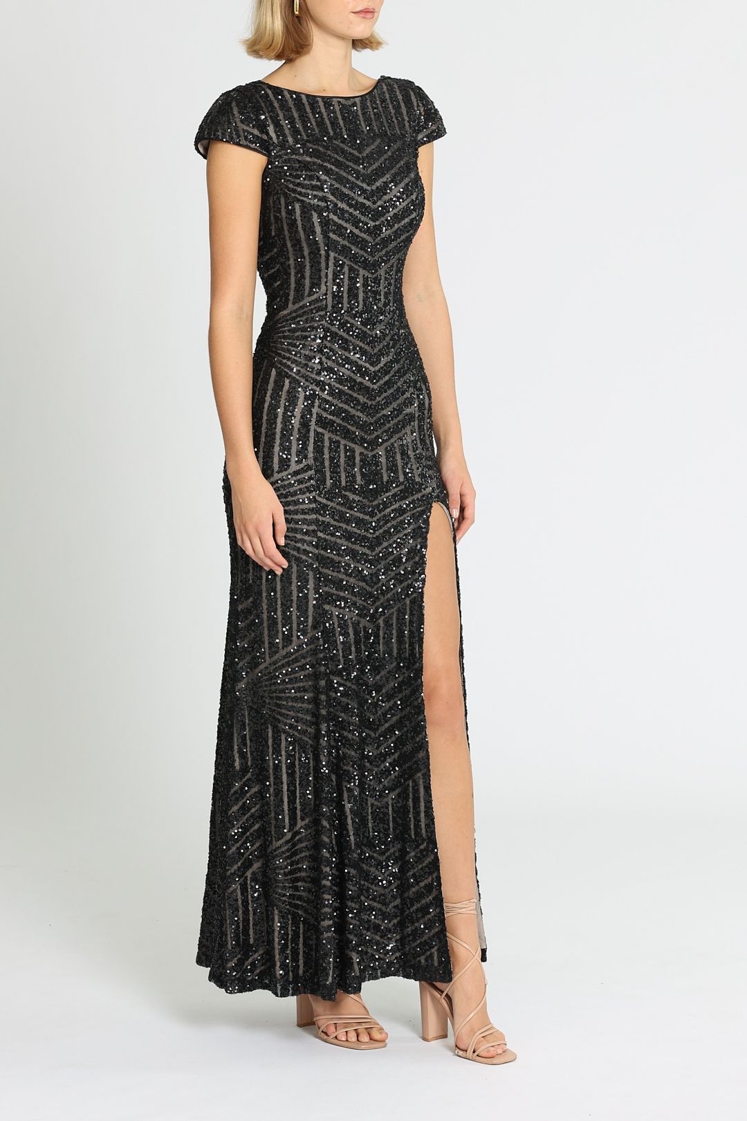 L'Amour Karla Sequin Gown Cap Sleeves