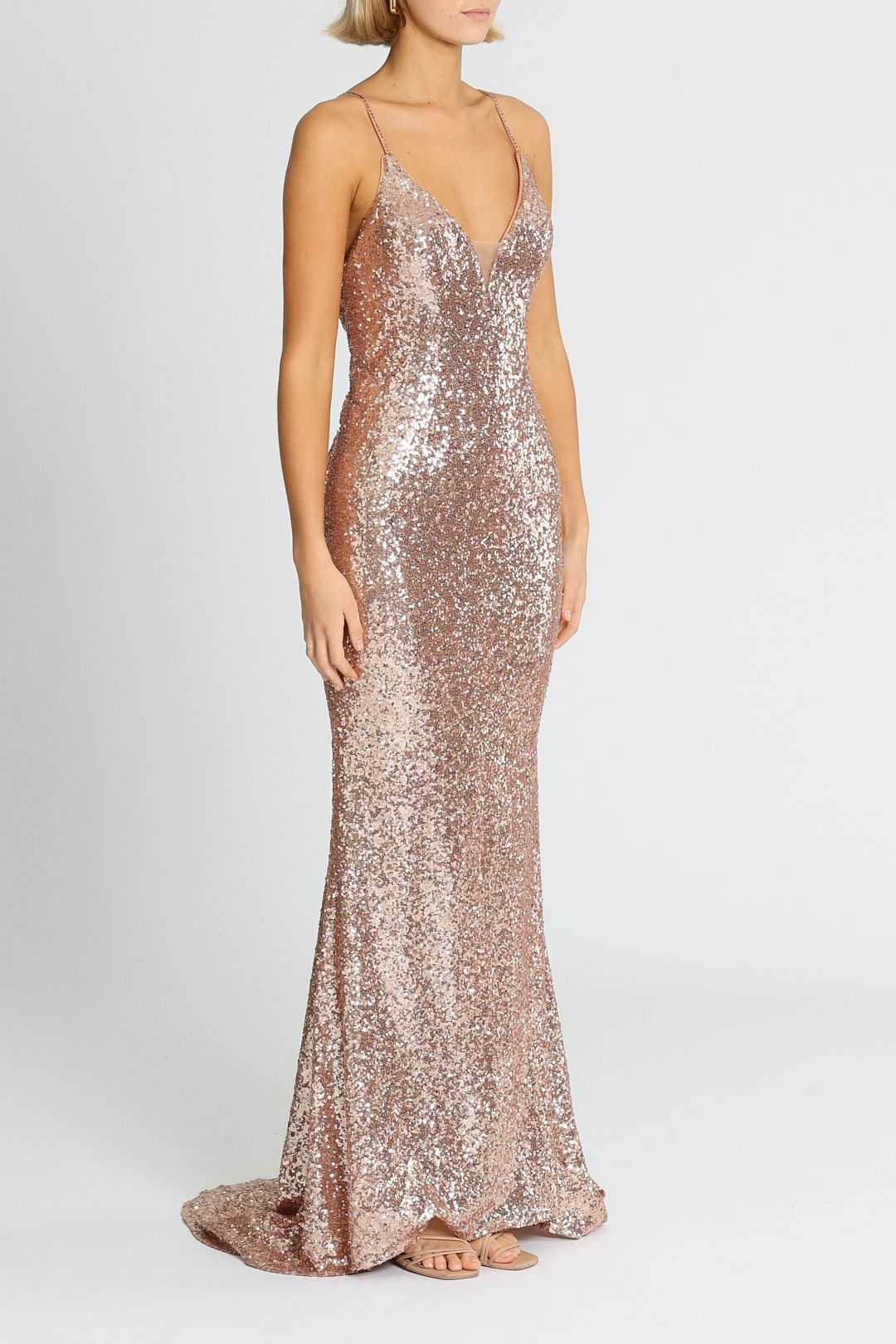 L'amour Sequin Plunge Rose Gold Floor Length