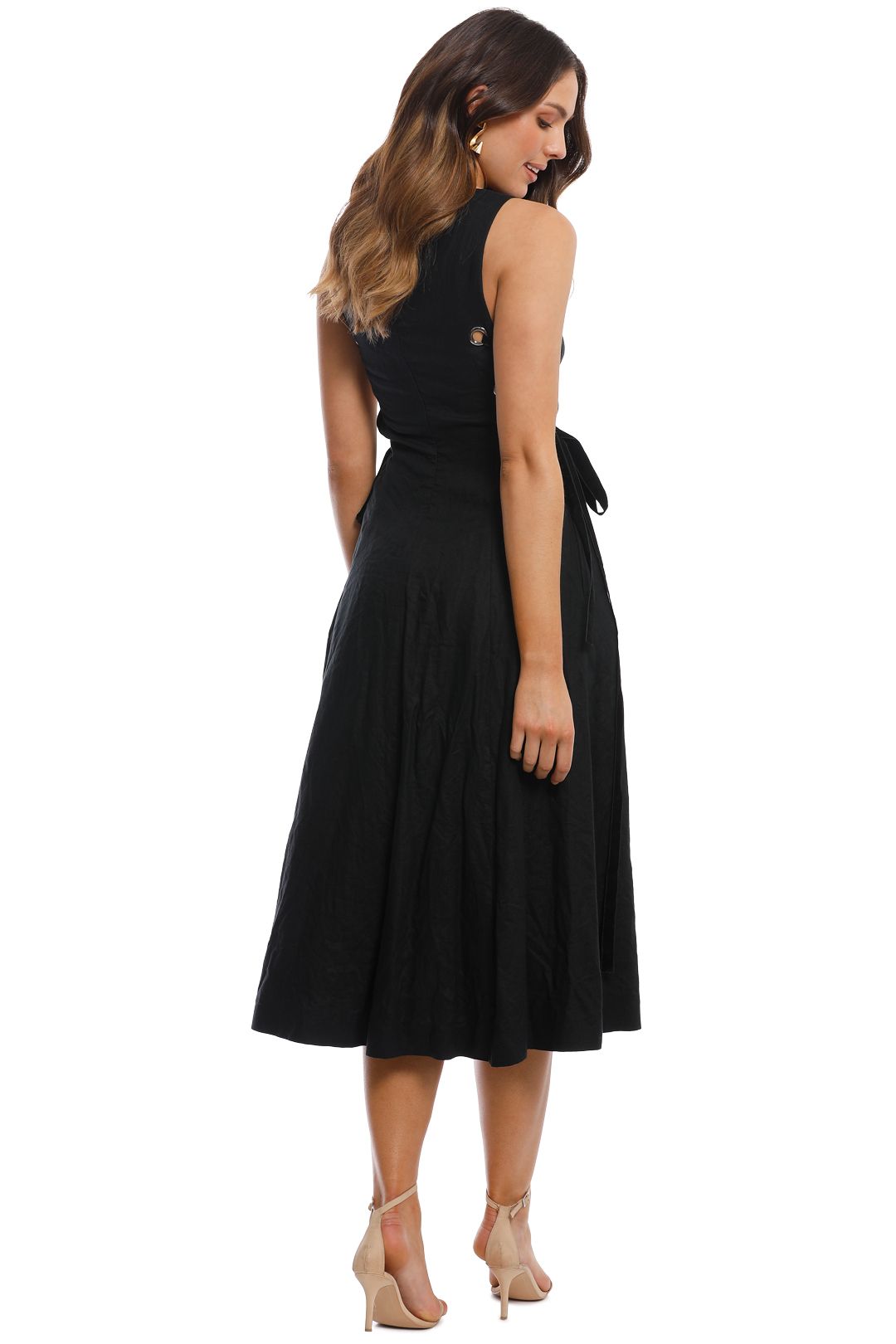 LEO LIN - Side Lacing Linen Flared Dress - Black - Back