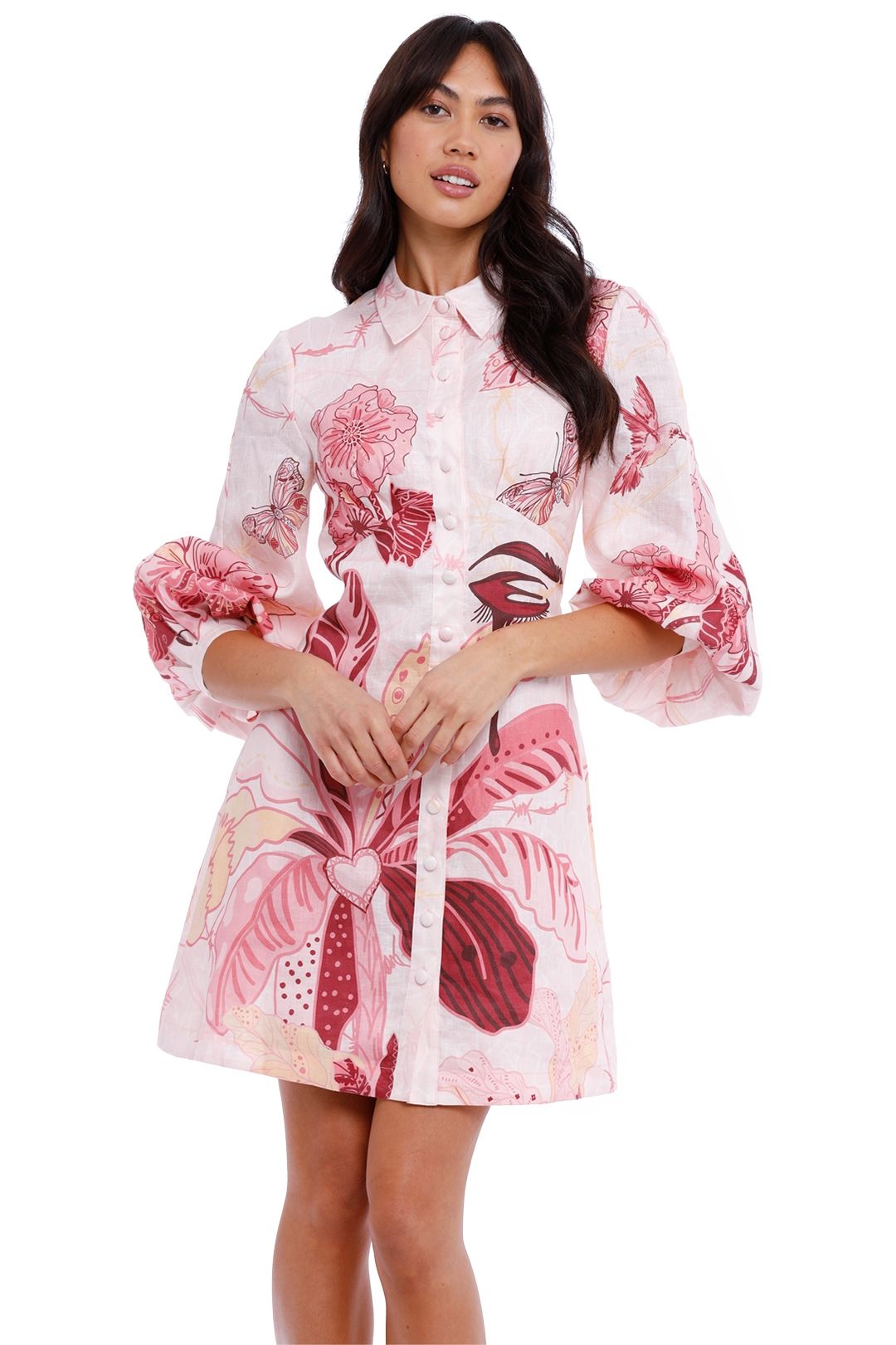LEO LIN Amor Linen Mini Dress Pink Balloon Sleeves