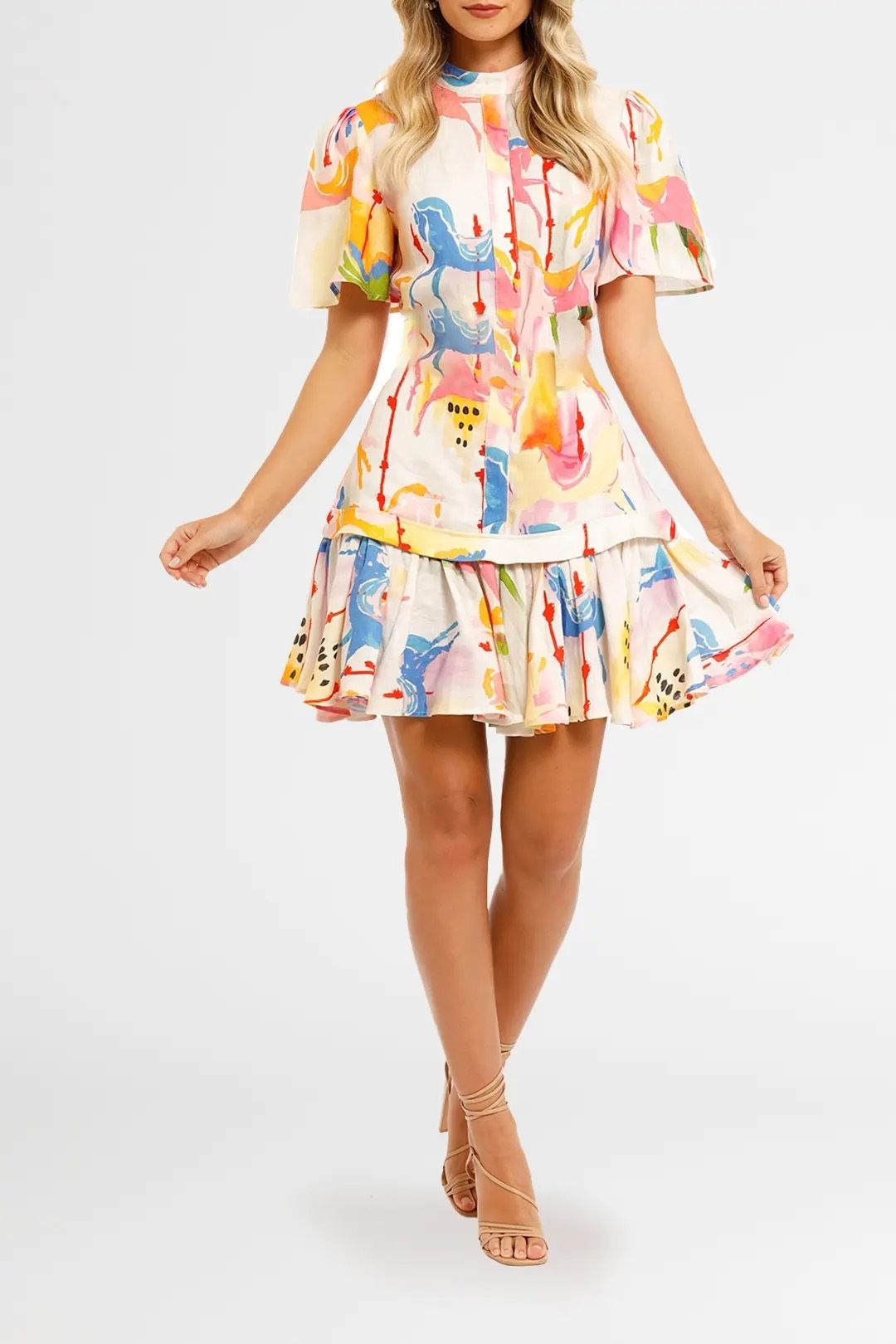 LEO LIN Carousel Linen Shirt Dress Rainbow Carousel