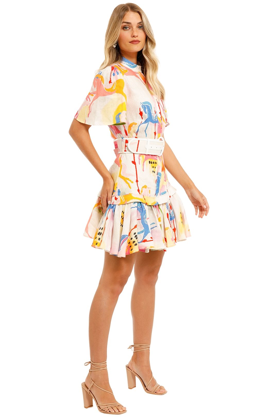 LEO LIN Carousel Linen Shirt Dress Rainbow Carousel Flare Sleeve