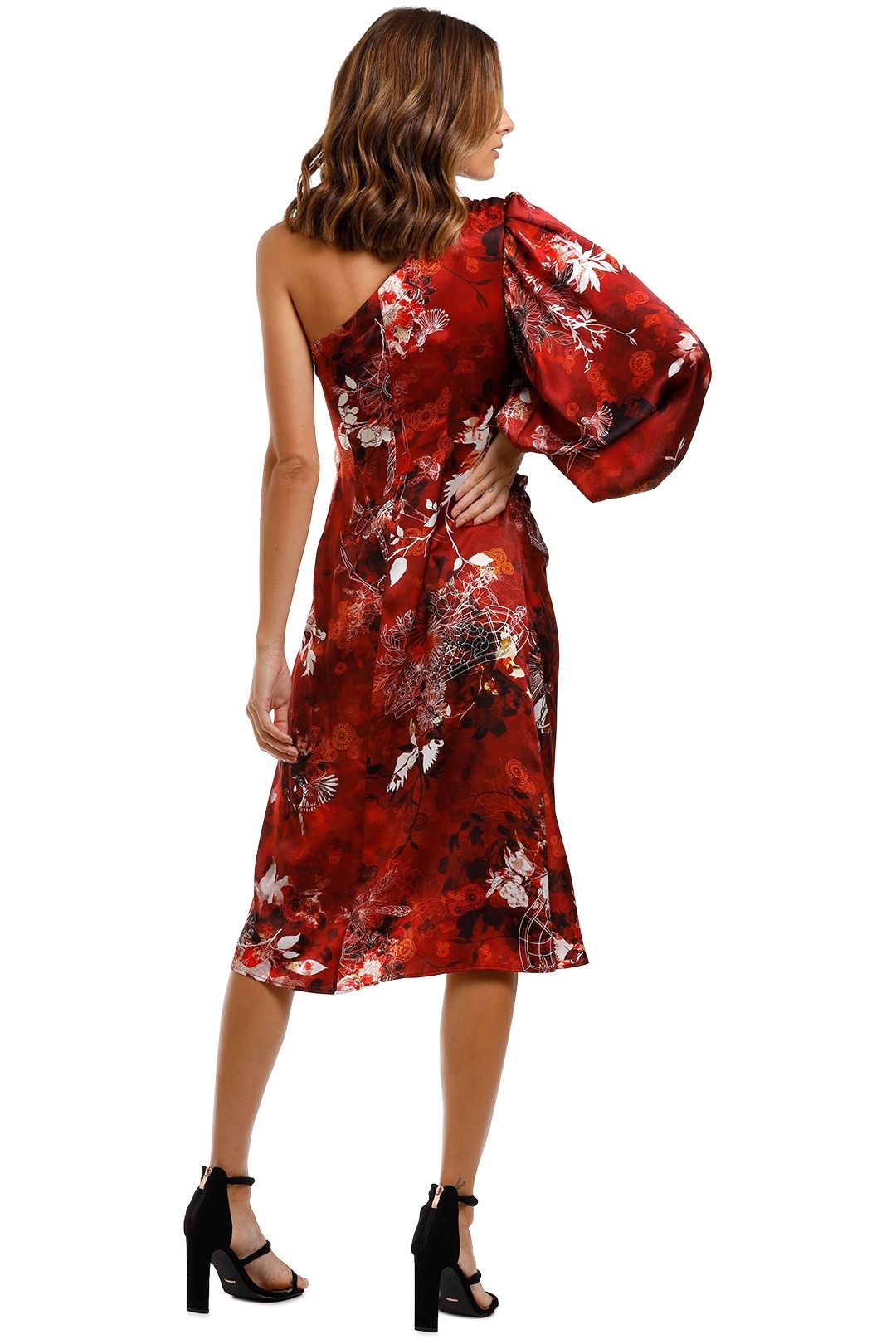 LEO & LIN Romantica Galaxy Silk Knotted Dress Red One Shoulder