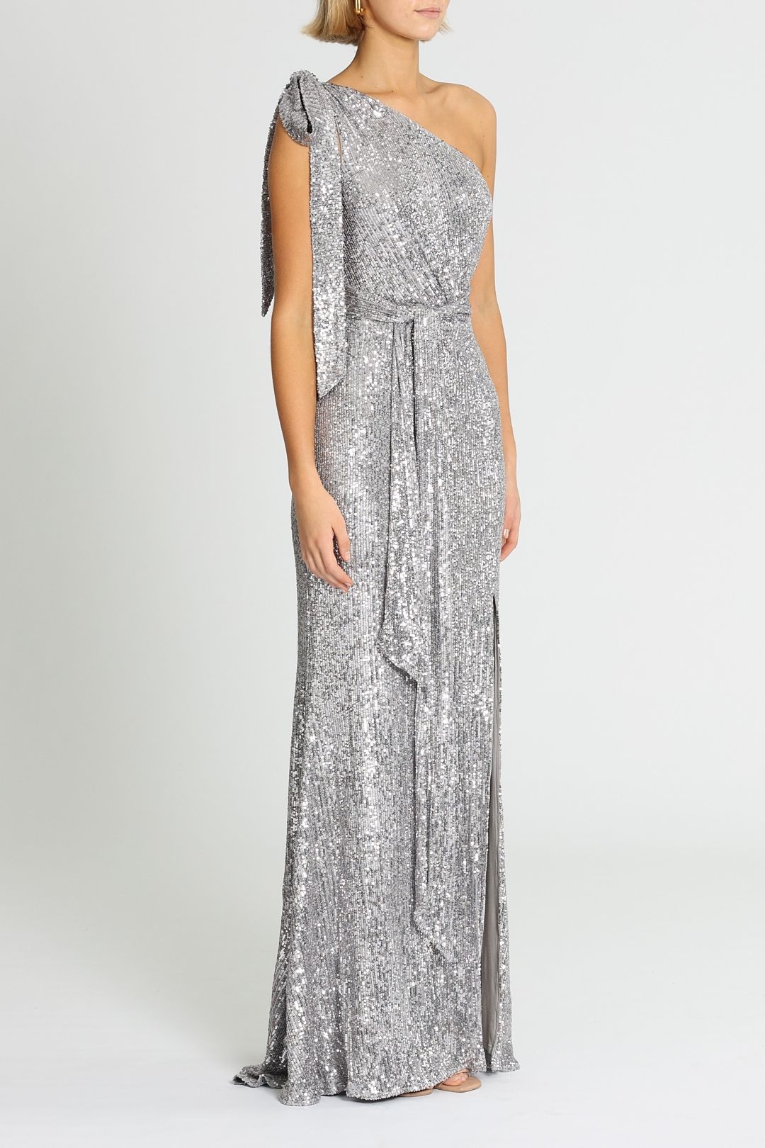 Love Honor Scala Sequin Gown Pewter One Shoulder