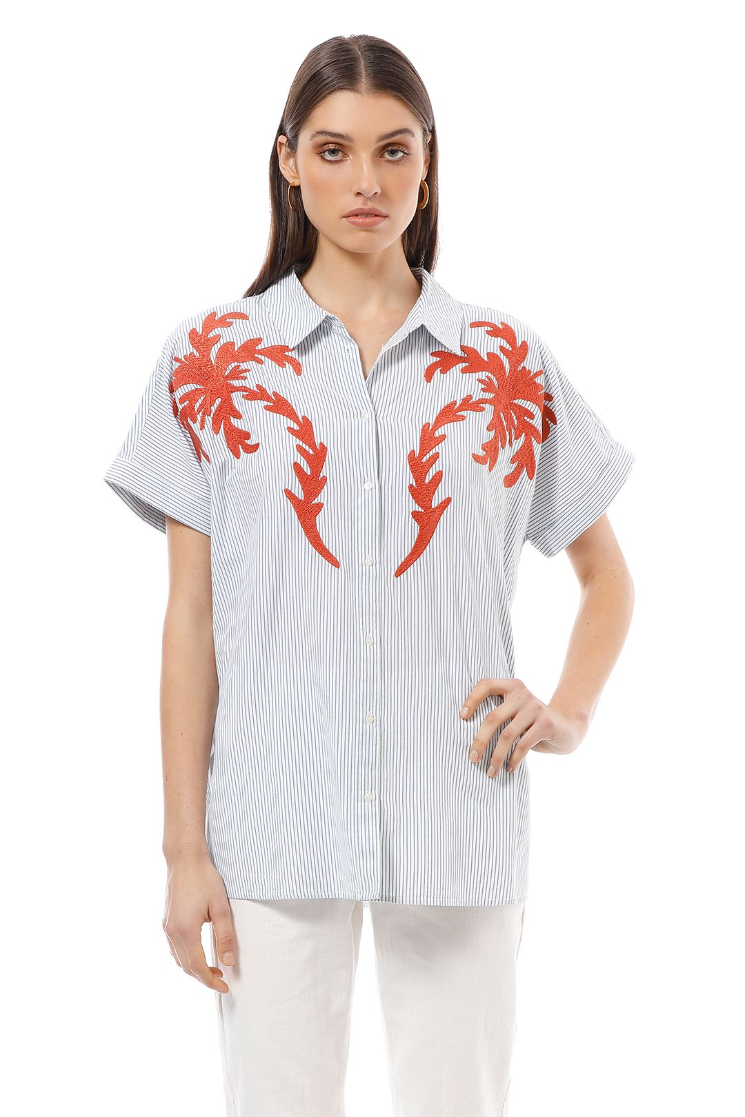 Maison Scotch - SS Boxy Fit Shirt with Placement Embroidery - Blue - Front Detail