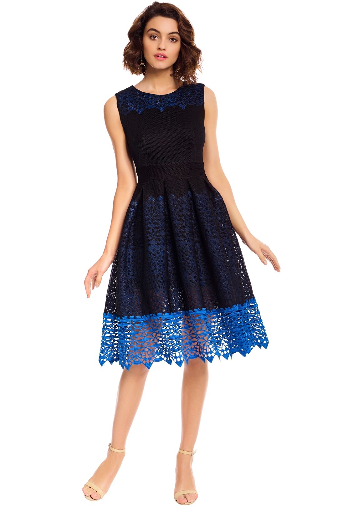 Maje - Russe Honeycomb Knit and Guipure Dress - Navy Blue - Front