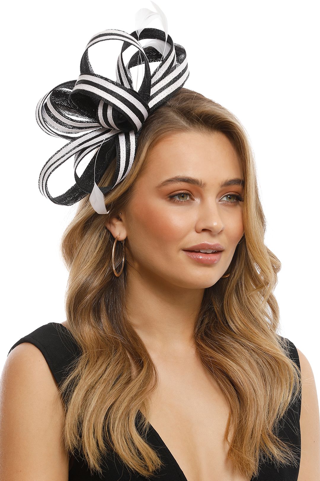 Max Alexander - Striped Feather Fascinator - Black and White - Side Model