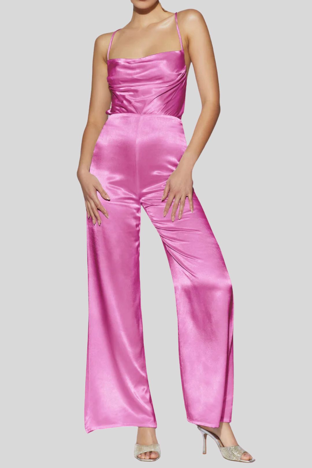 Buy Mandie Satin Cowl Neck Jumpsuit in Pink | Meshki | GlamCorner