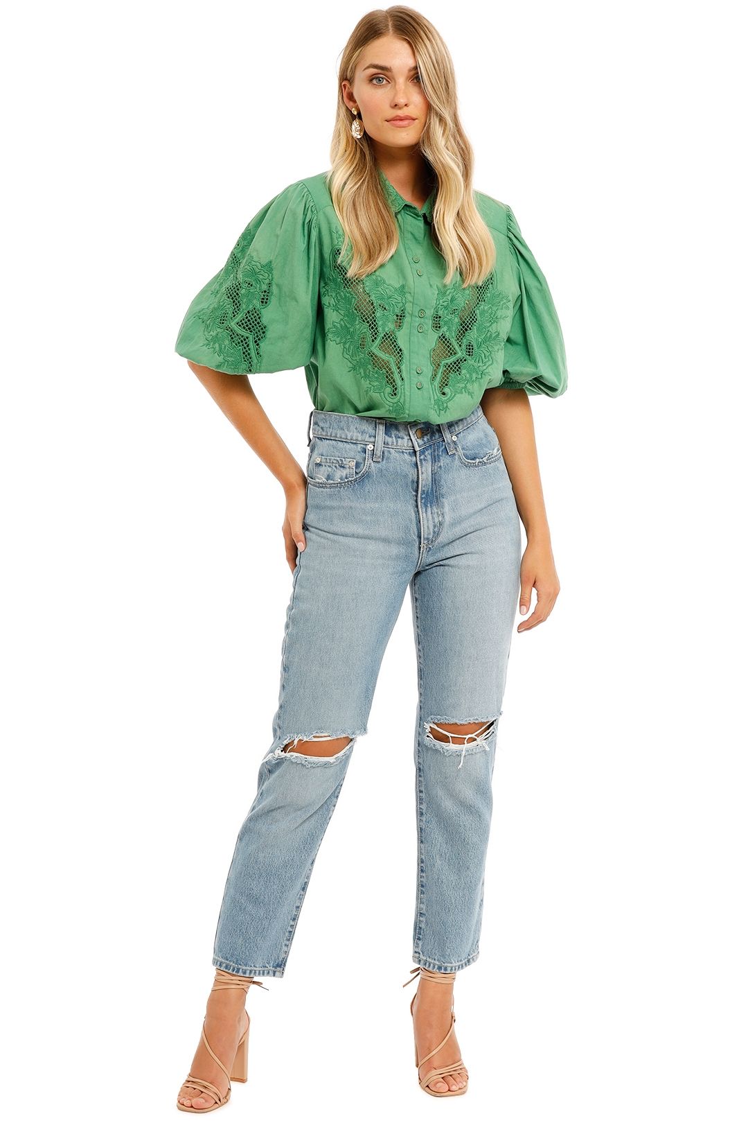 Ministry of Style Flora Embroidery Blouse Jade balloon