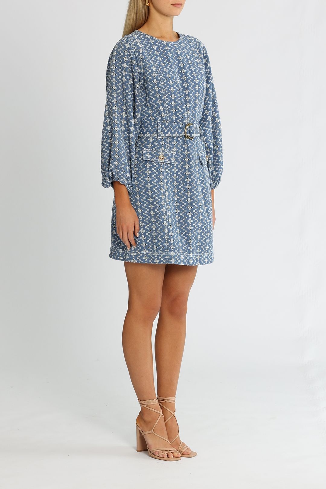 Mink Pink Saskia Belted Mini Dress Indigo Balloon Sleeves