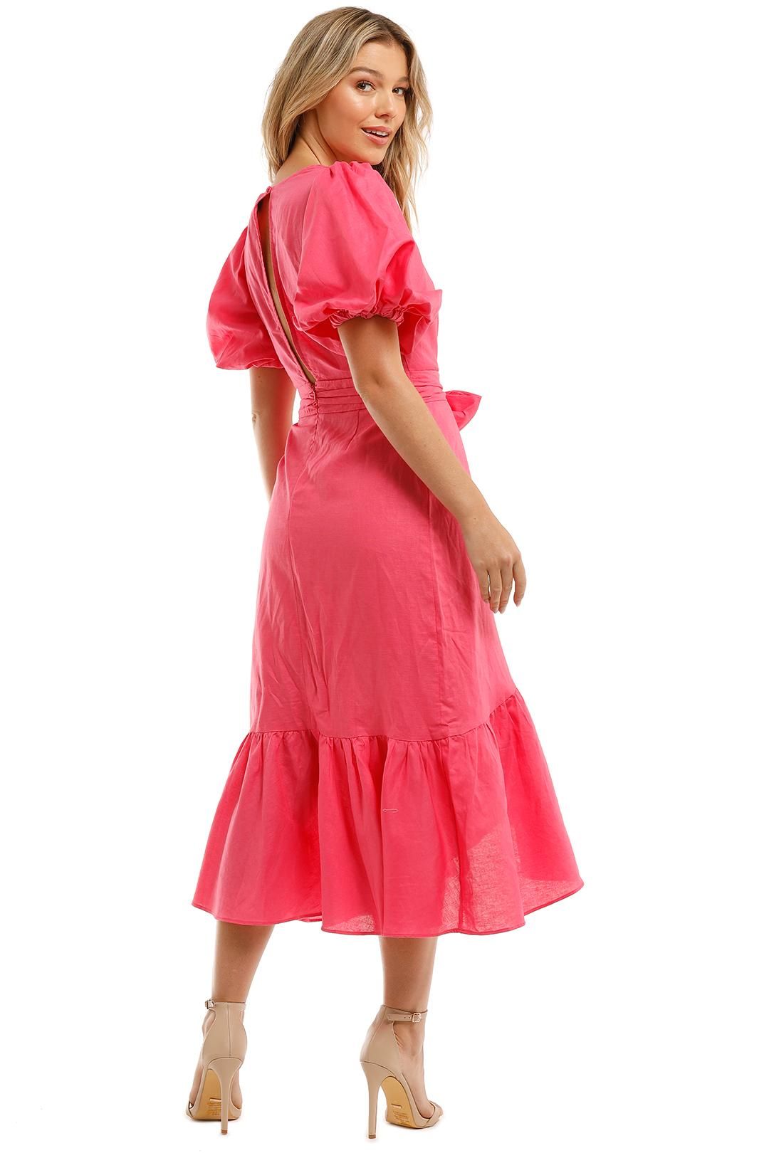 Mink Pink Wrap Frill Midi Dress Neon Pink Puffy Sleeves