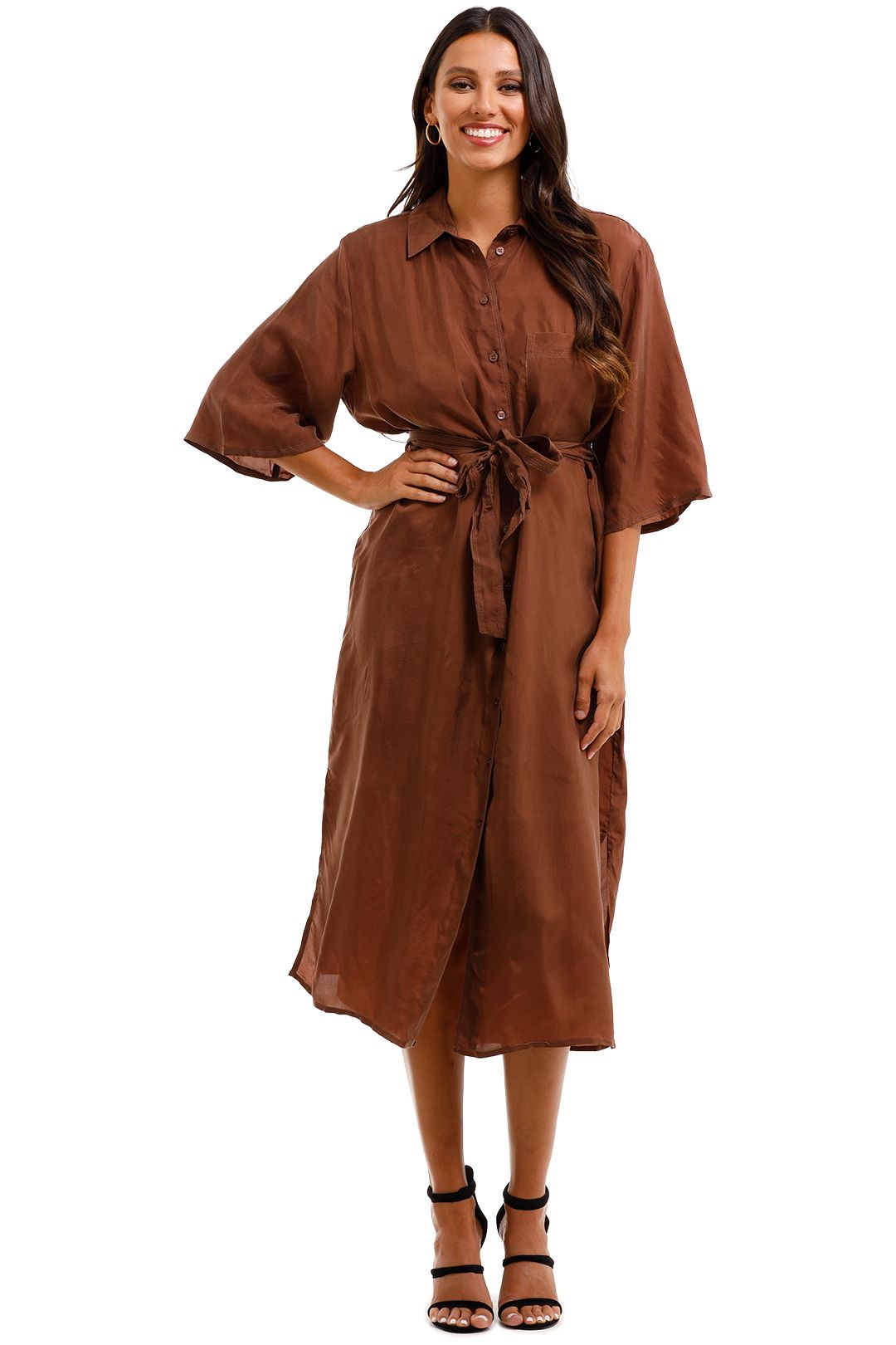 MNG Belted Cupro Midi Shirt Dress with Belt