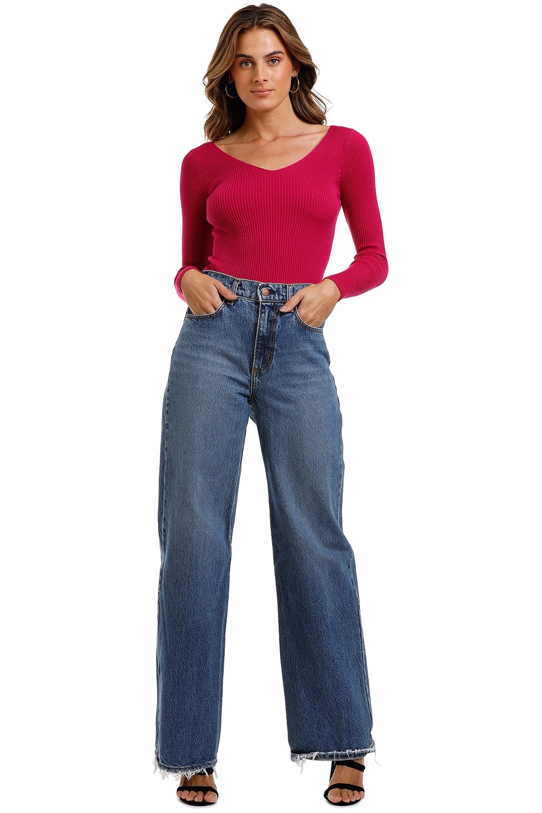 MNG V Neck Ribbed Knit Sweater