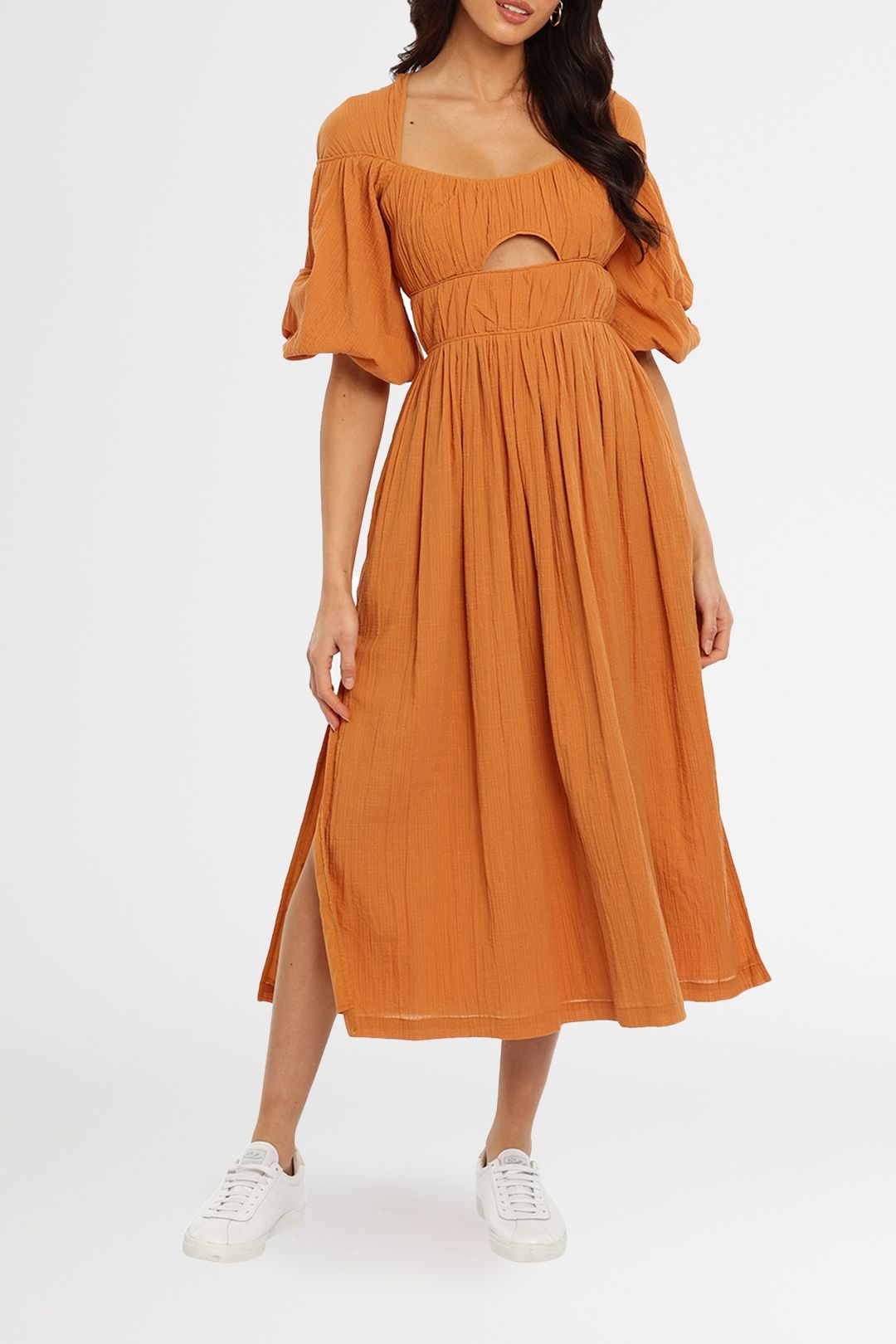 Hire Luelle Midi Dress in Caramel Mon Renn GlamCorner