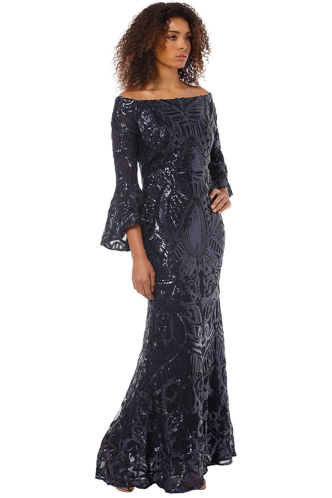 off shoulder sequin gown