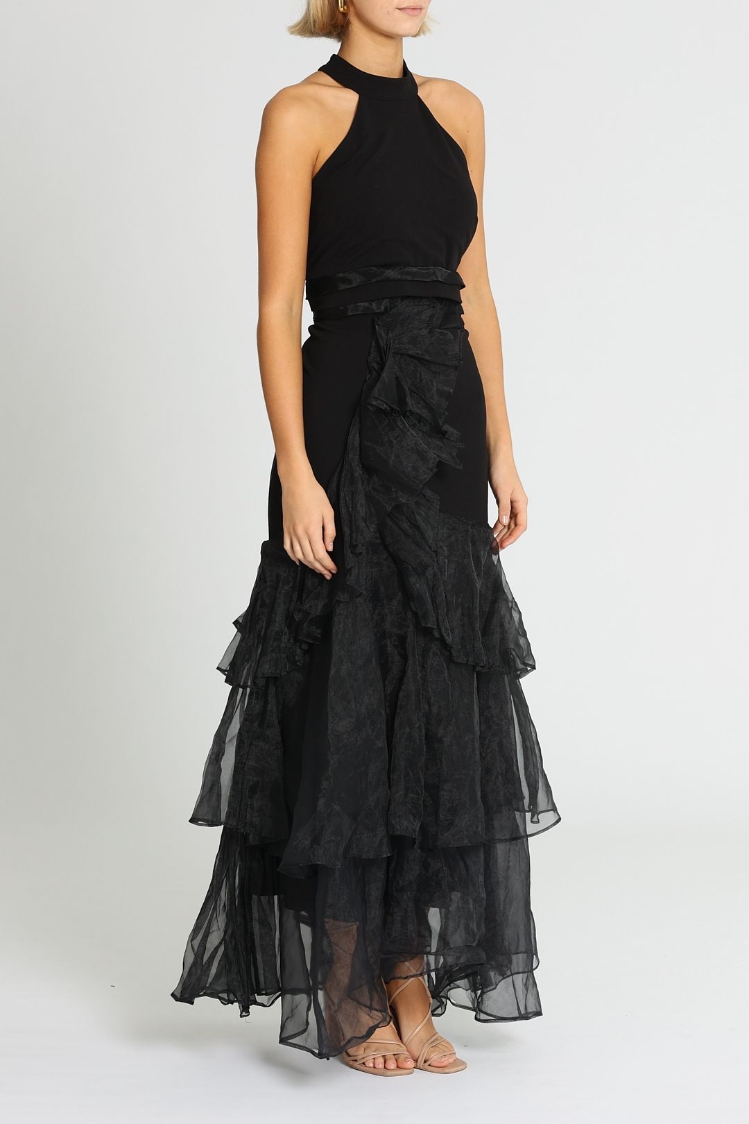 Montique Caprice Halter Gown Ruffled Skirt