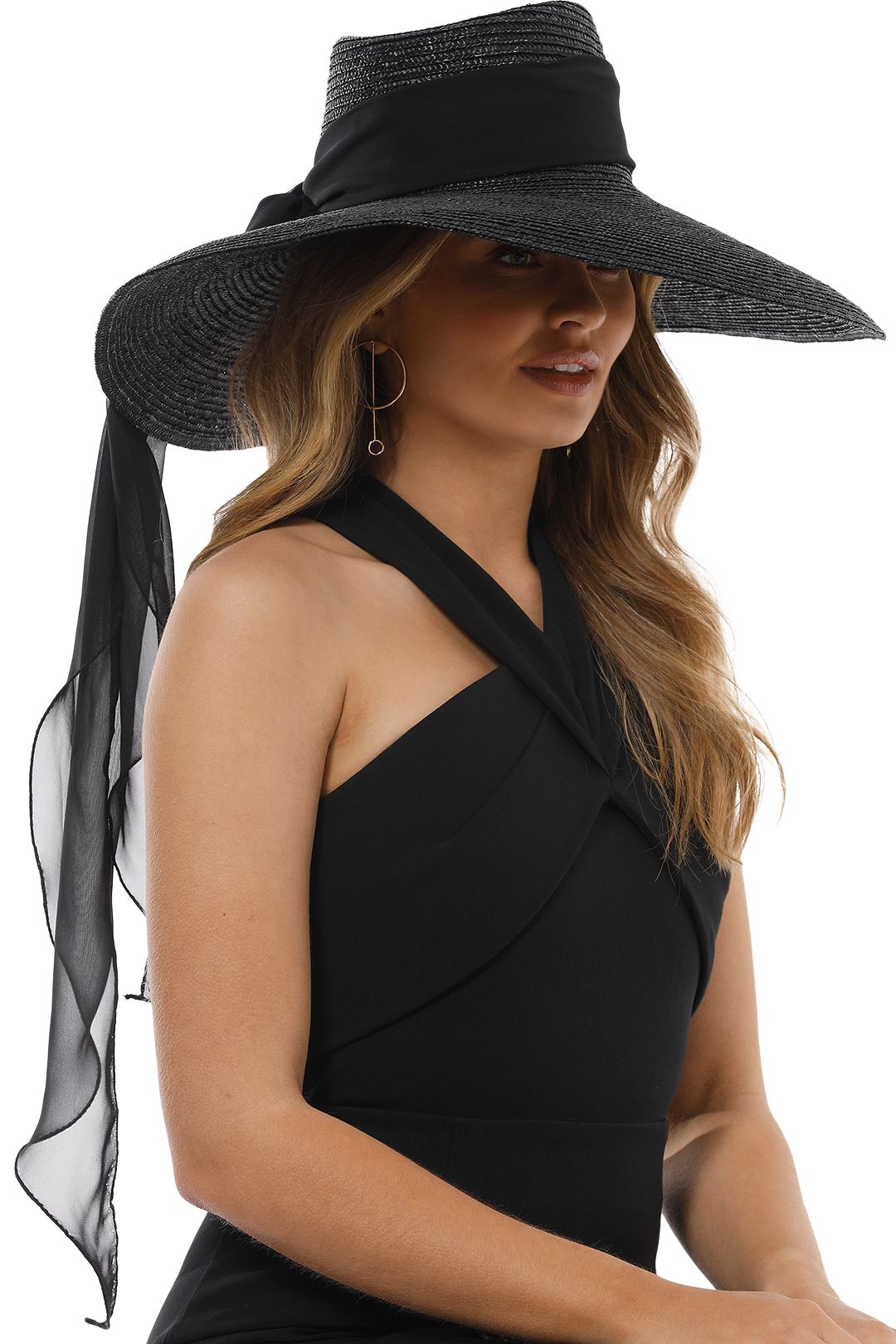 Morgan and Taylor - Large Straw Fedora with Chiffon Scarf - Black - Side Model