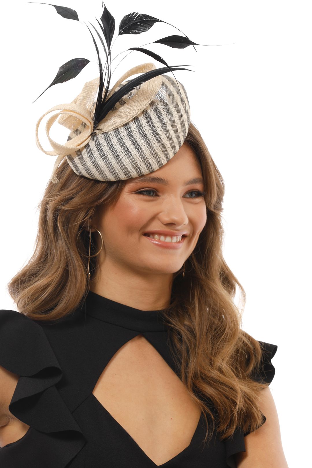 Morgan & Taylor - Striped Beret With Coque Feather - Black and White - Side Model