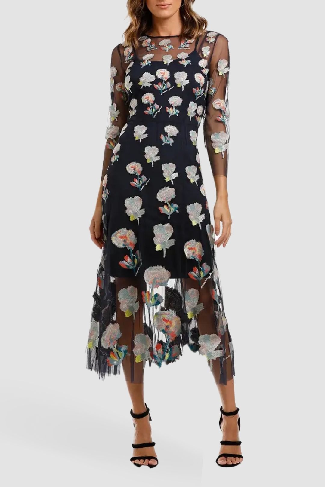 Moss and Spy Monet Dress Ink Multi Florals embroidered