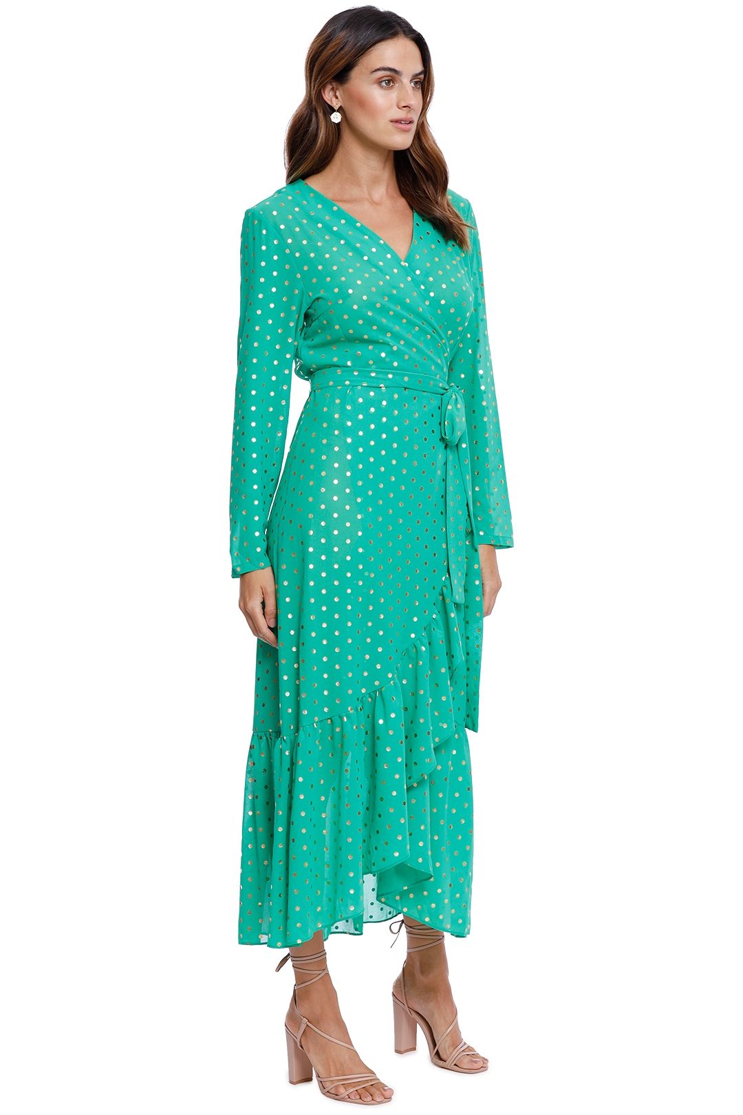 Never Fully Dressed Foil Spot Green Wrap Dress polka dot
