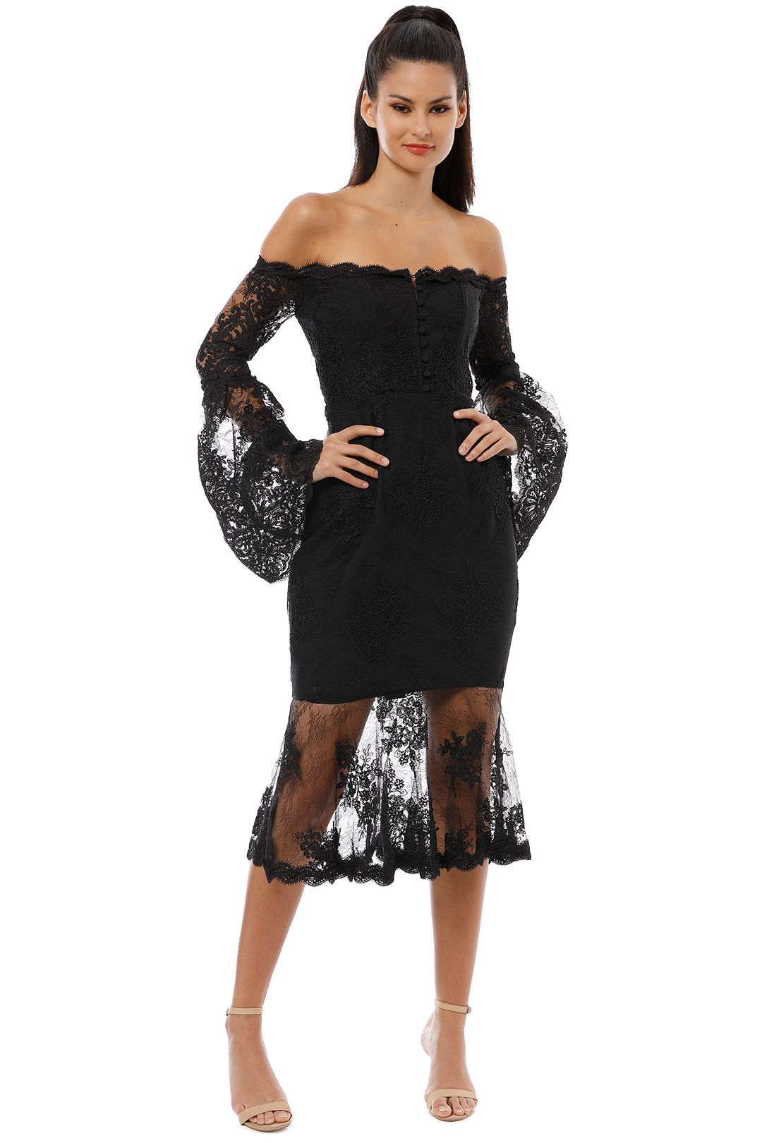Octavia Lace Corset Midi Dress in Black by Nicholas for Rent