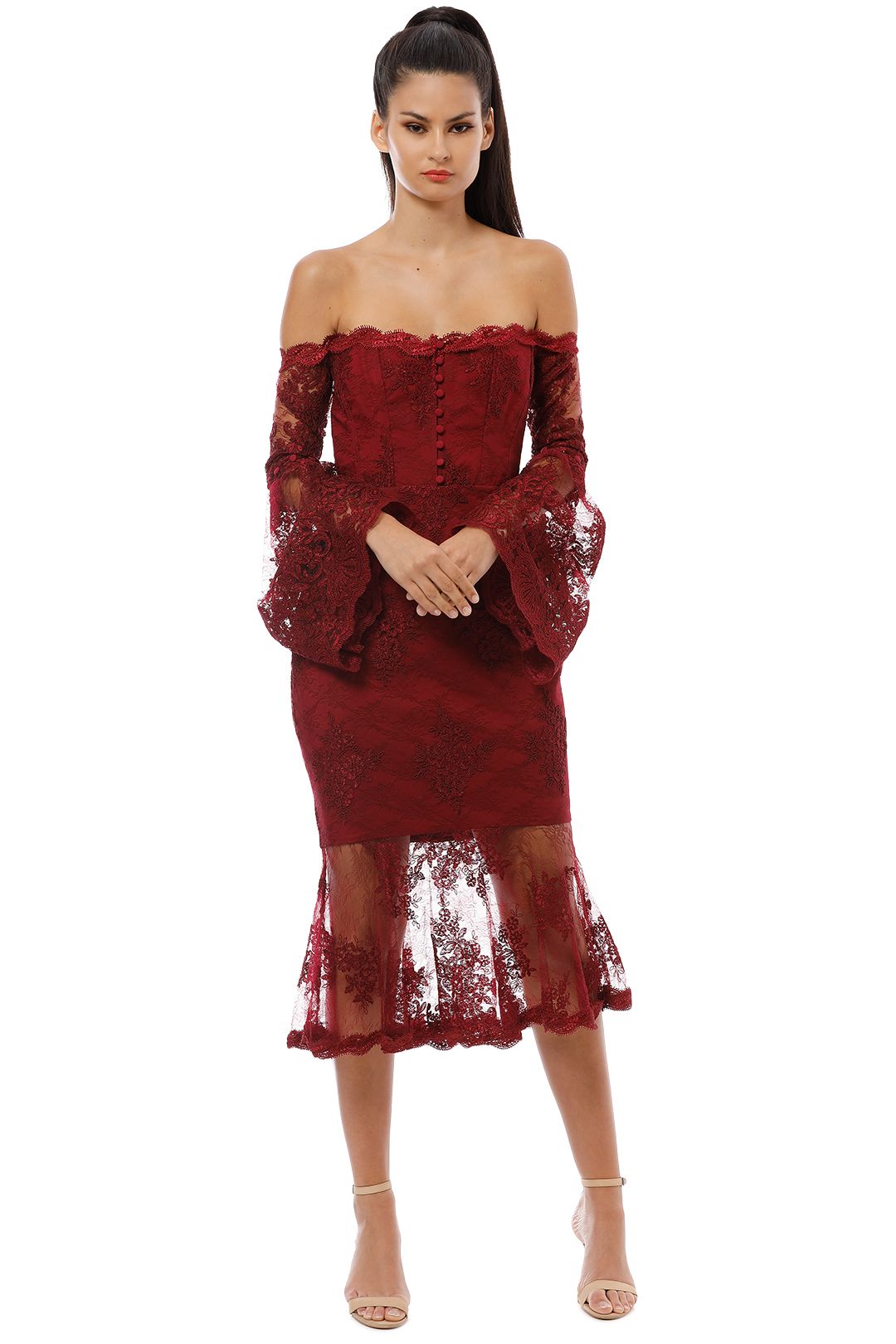 Nicholas - Octavia Lace Corset Midi Dress - Bordeaux - Front