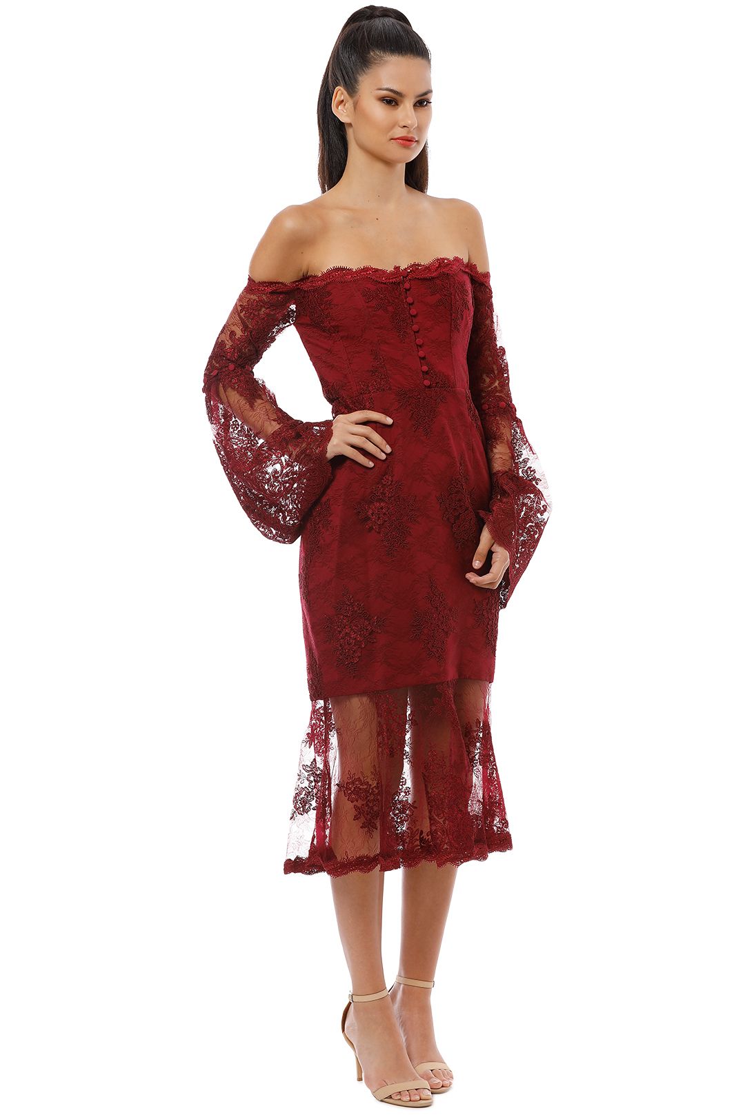 Nicholas - Octavia Lace Corset Midi Dress - Bordeaux - Side