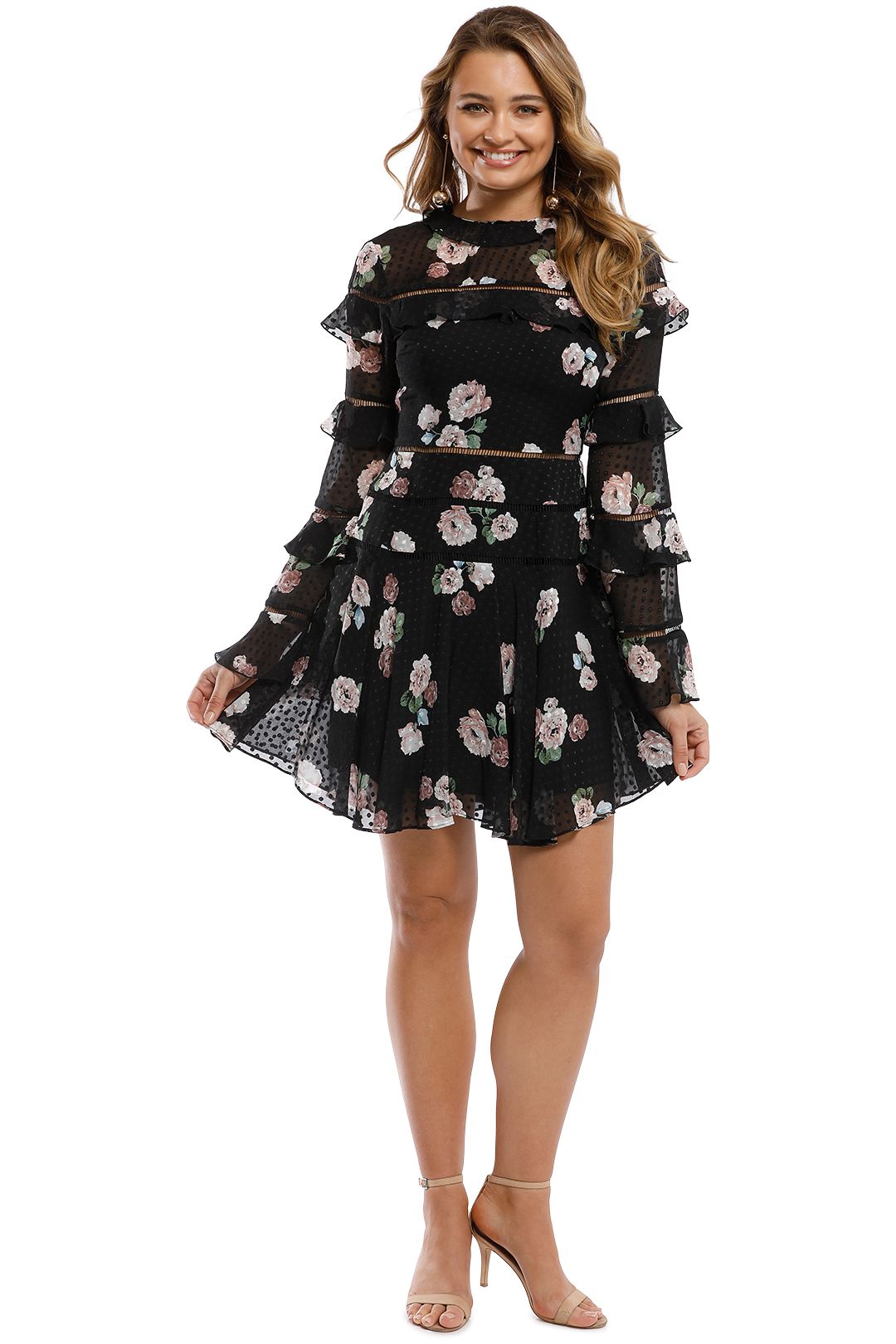 Nicholas - Rose Ruffle Insert Mini Dress - Black - Front