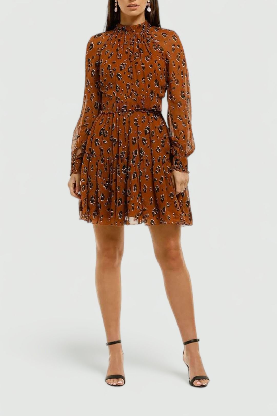 Nicholas-The-Label-High-Neck-Button-Mini-Dress-Tobacco-Multi-Front