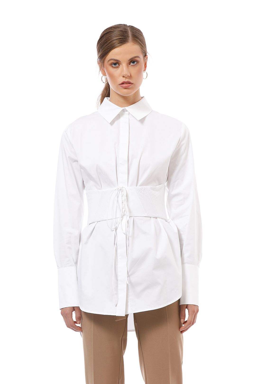 Nicholas - Cotton Corset Belted Shirt - White - Front Crop