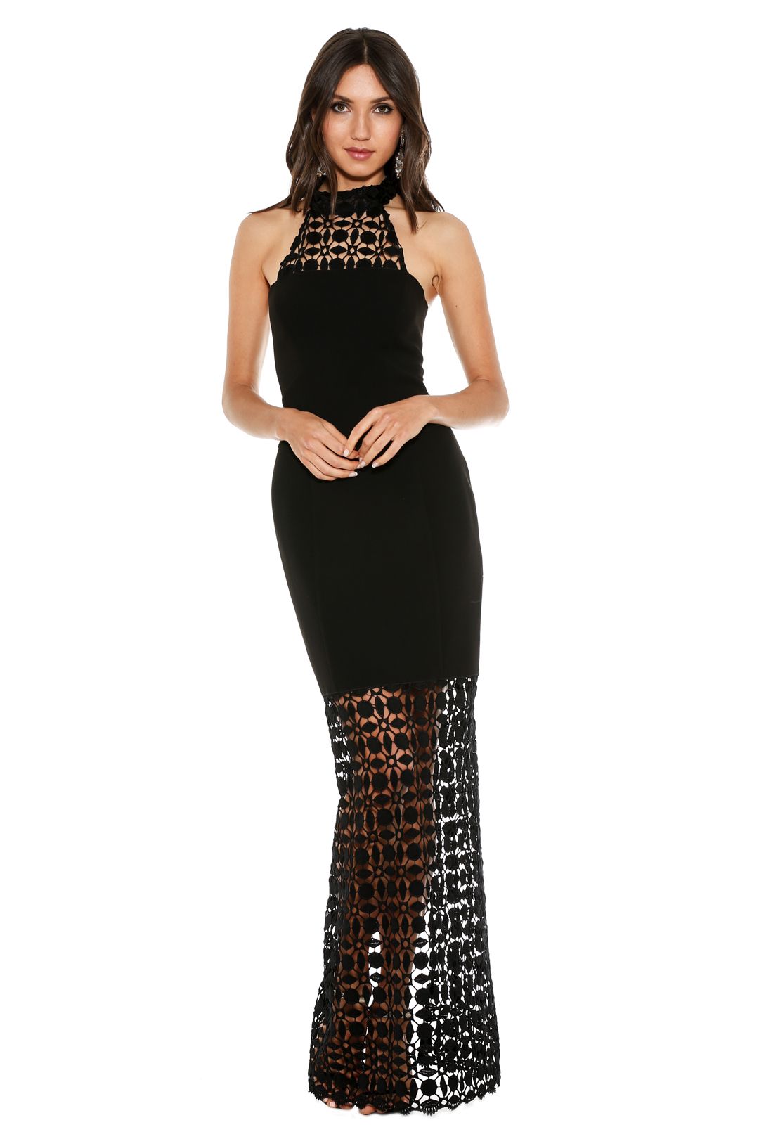 Mosaic Lace Halter Gown - Black - Front