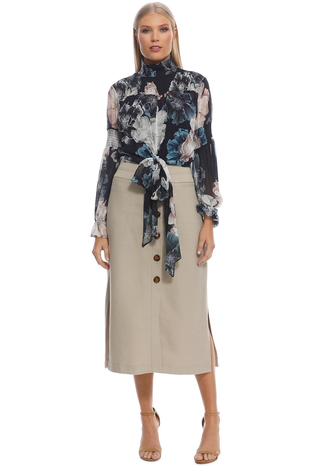 Nicholas The Label - Navy Floral Smocked Tie Front Top - Navy - Front