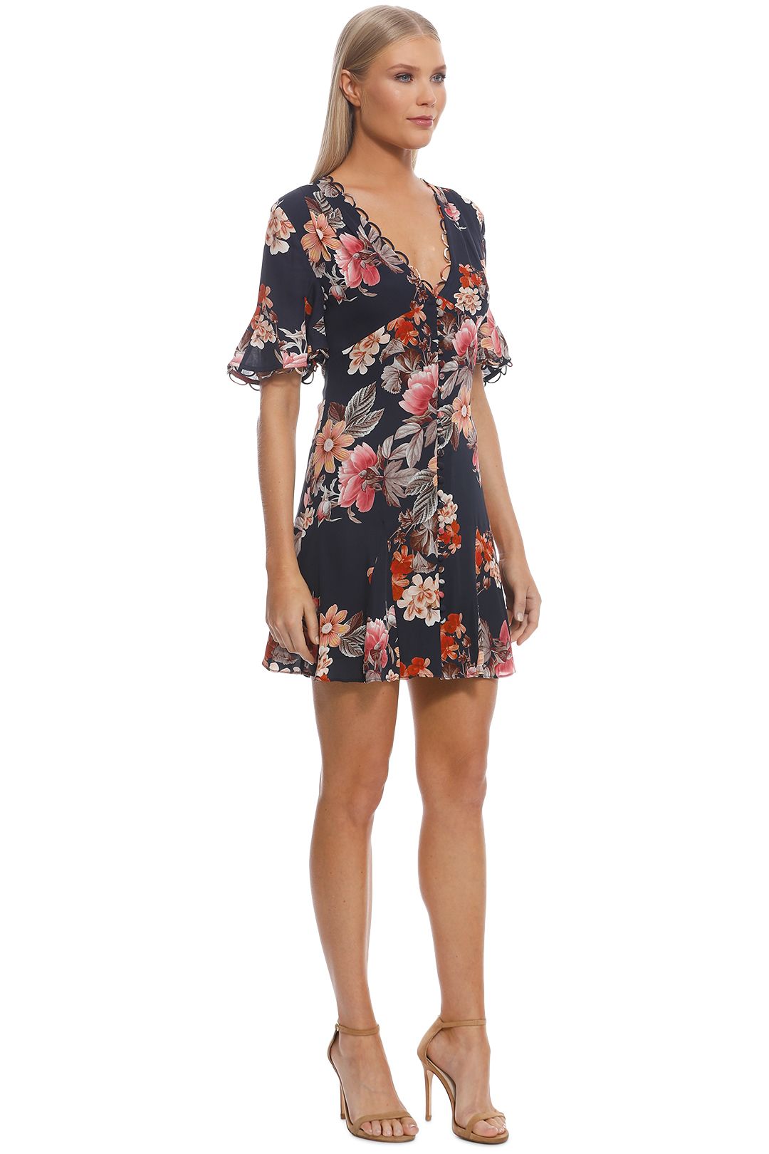 Nicholas The Label - Navy Rust Floral Godet Button Front Dress - Navy - Side