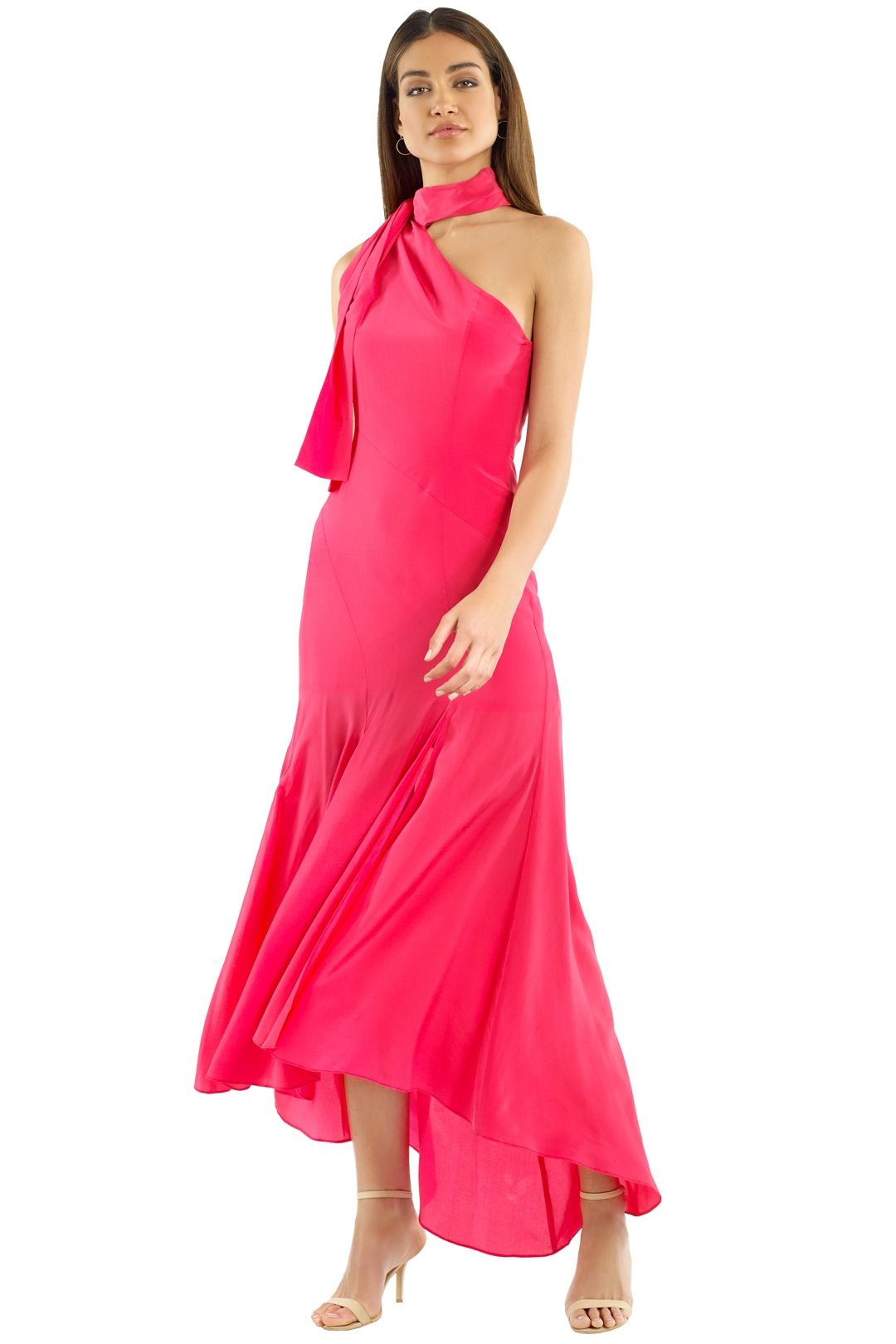 Silk Tie Neck Maxi Dress in Hot Coral by Nicholas for Rent