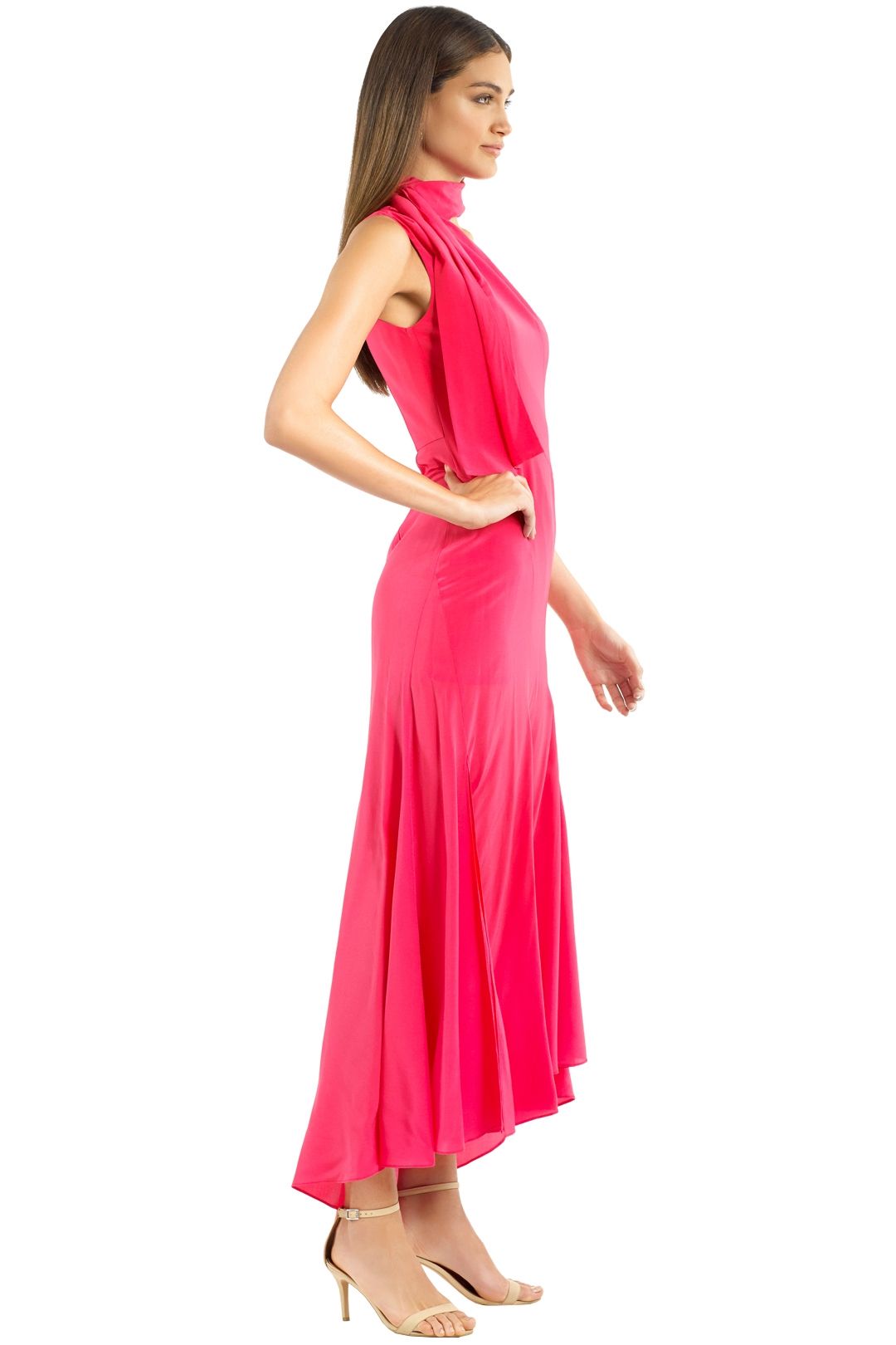 Silk Tie Neck Maxi Dress in Hot Coral by Nicholas for Rent