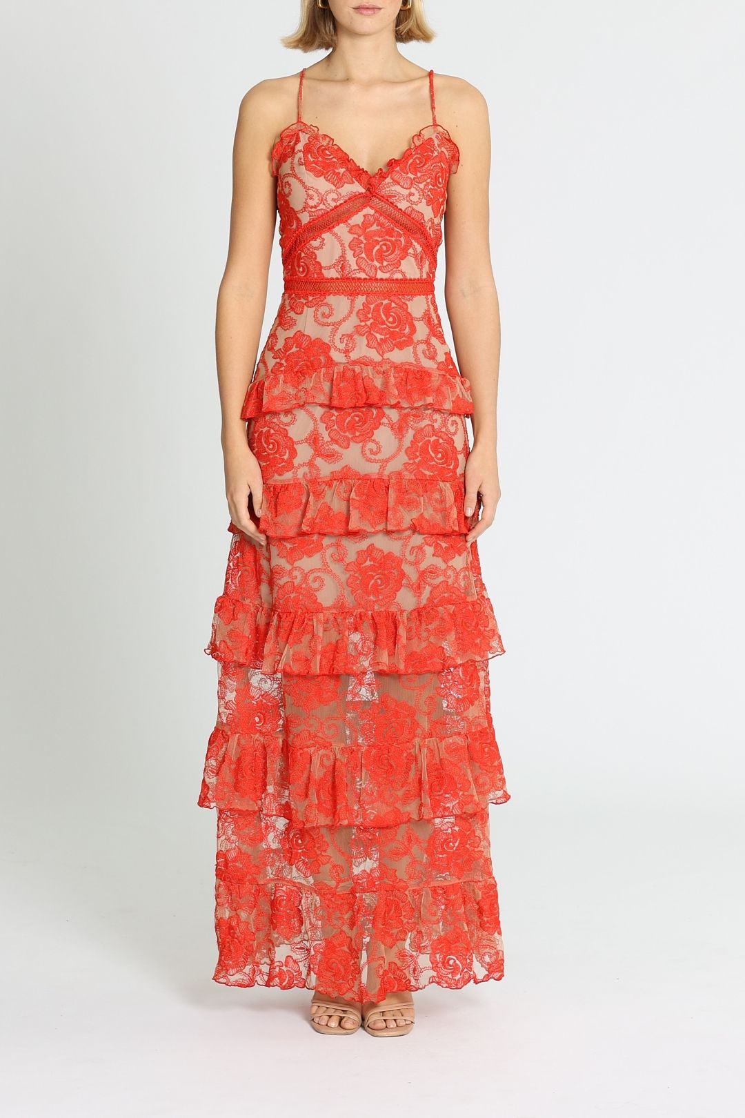Nicholas The Label Rosie Lace Tiered Gown Red