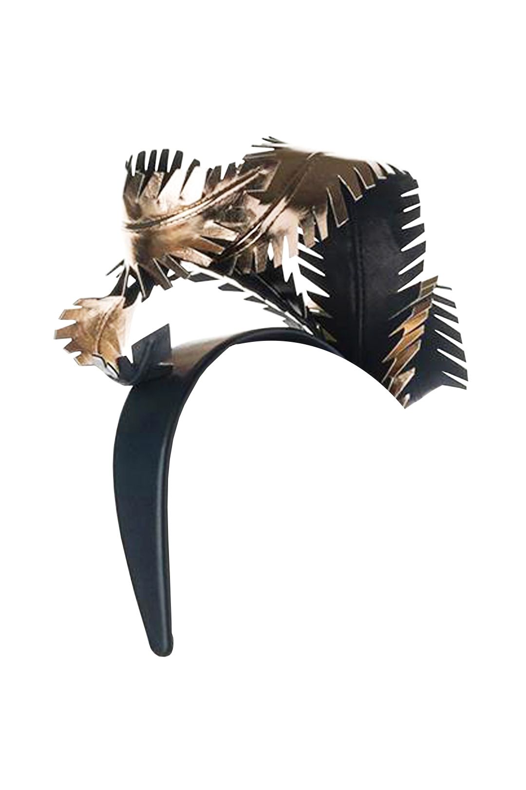 Olga Berg - Brooke Metallic Feathers Fascinator - Black Light Gold - Side