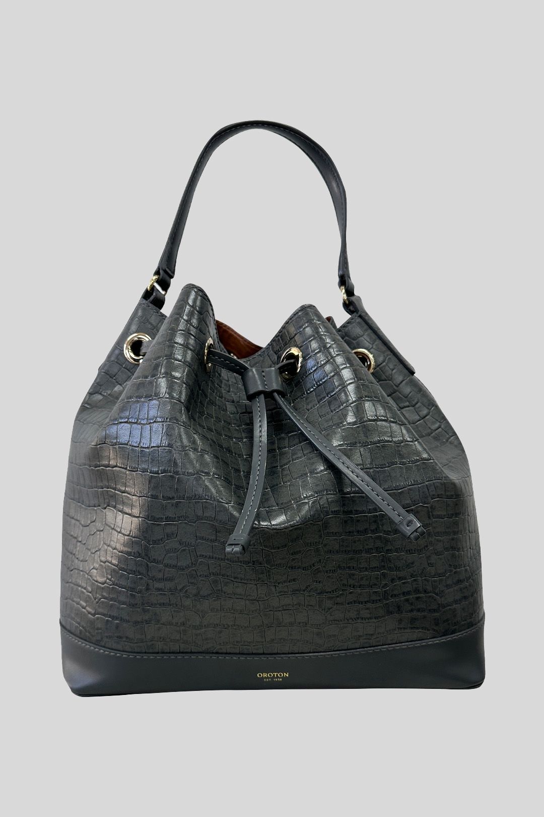 Buy Grey Croc Embossed Leather Bucket Bag Oroton GlamCorner