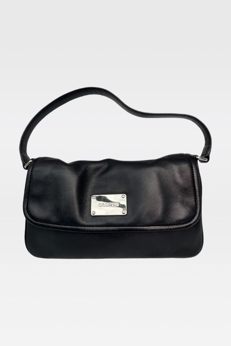 Oroton Roche Leather Jacquard Flip Over Bag in Black