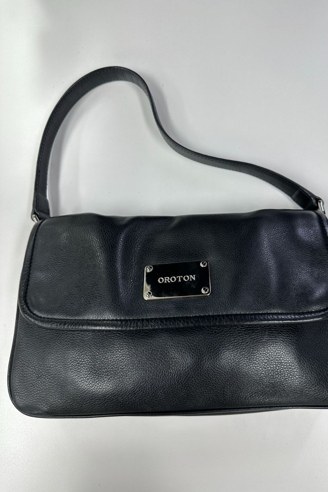 Oroton Roche Leather Jacquard Flip Over Bag in Black
