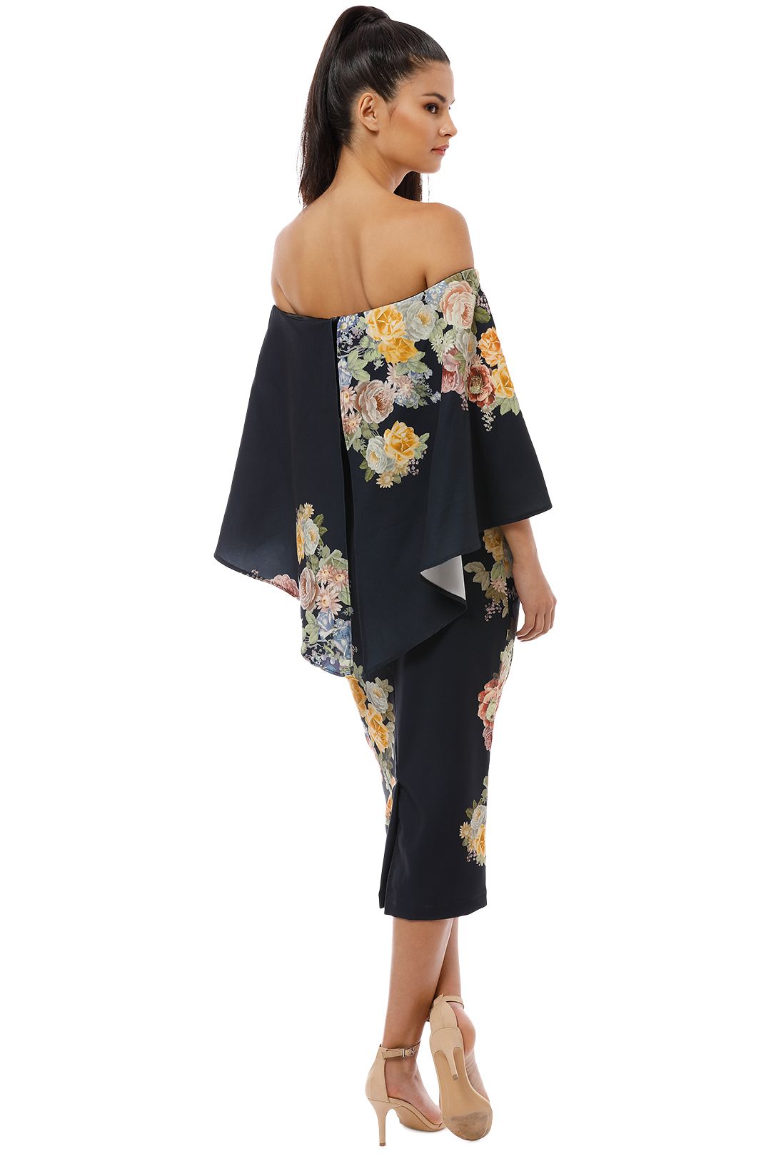 Pasduchas - Flower Garden Shoulder Midi Dress - Black - Back