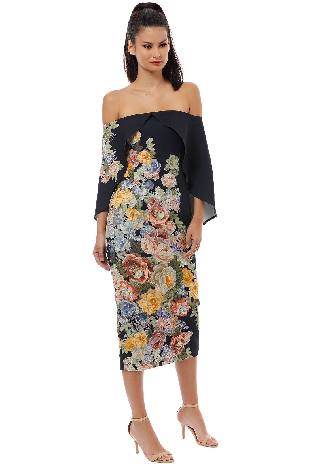 Pasduchas - Flower Garden Shoulder Midi Dress - Black - Side