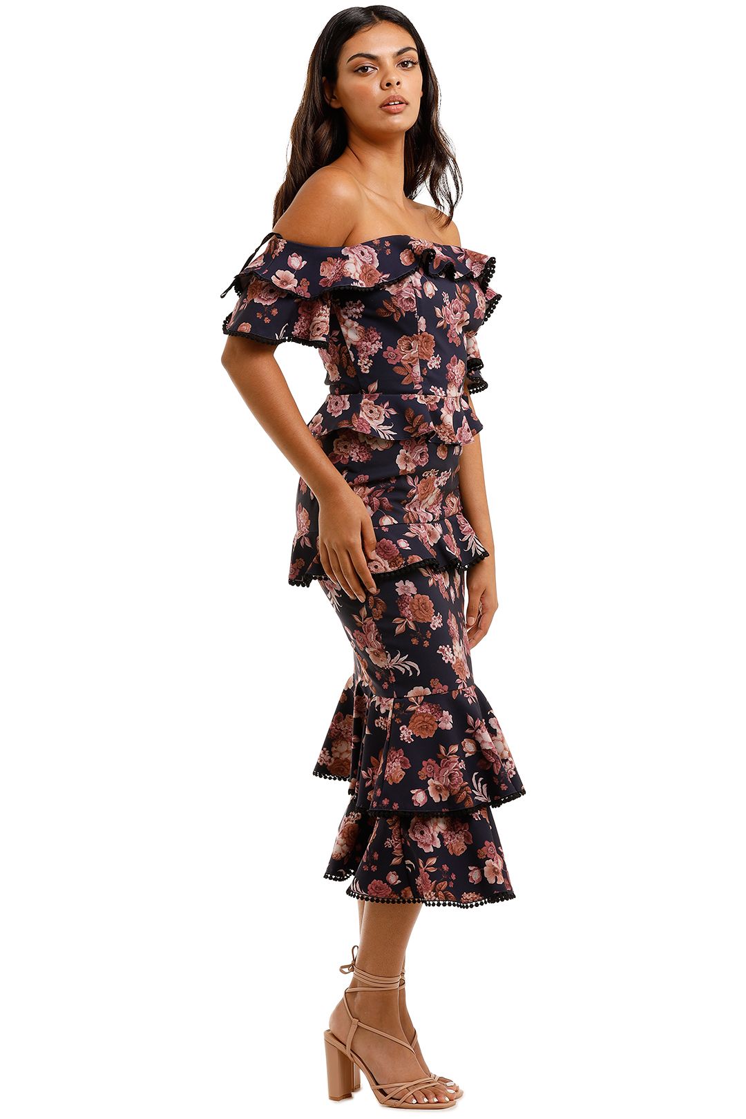 Pasduchas Songbird Ruffle Midi Navy tiered off shoulder