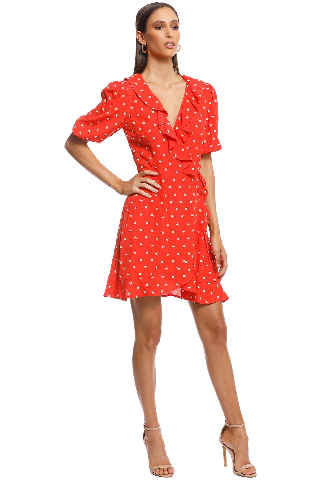 Perseverance London - Margarita Embroidered Crepe Ruffled Wrap Mini Dress - Orange - Side