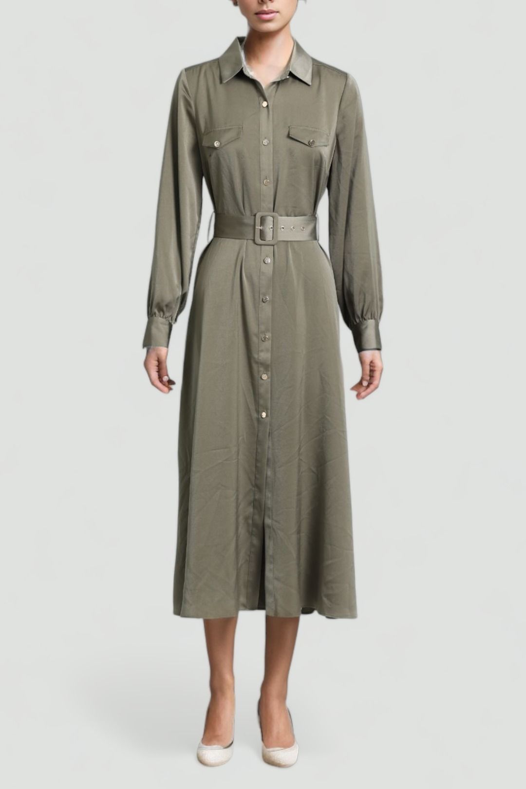 Portmans - Yvonne Satin Shirt Dress Olive