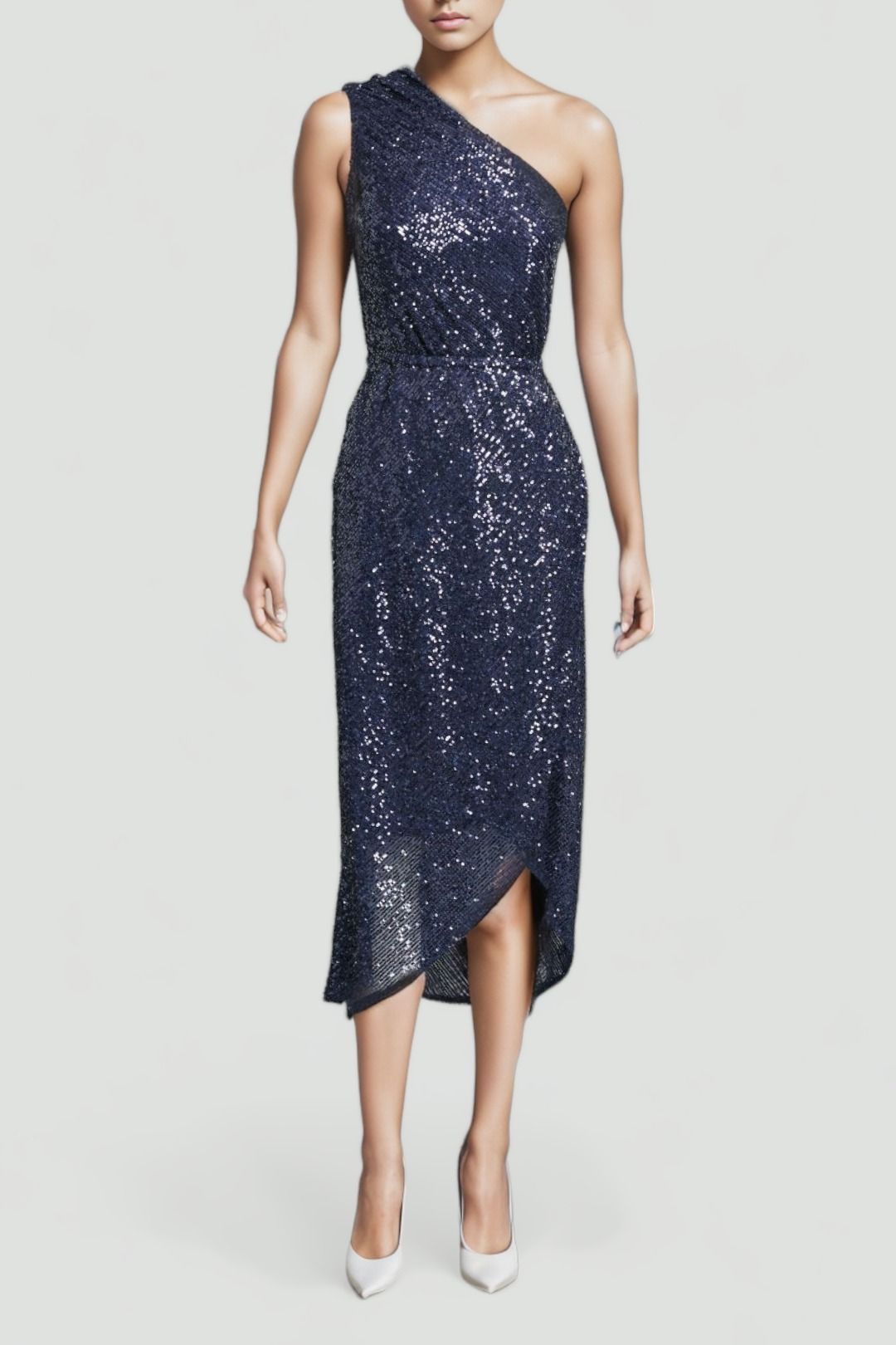 Portmans Regina One Shoulder Sequin Midi Dress Navy